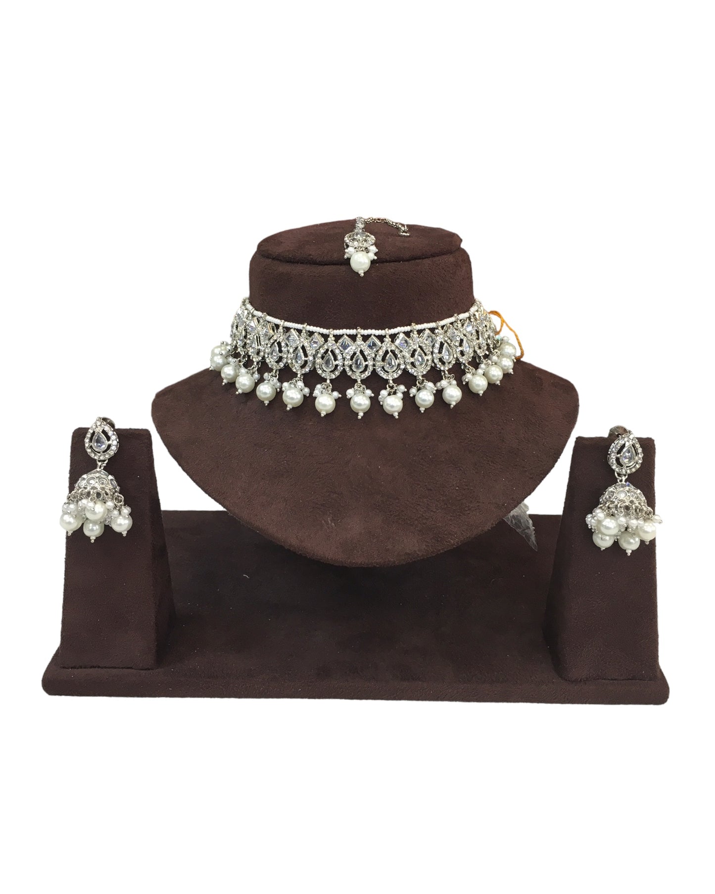 Clear - Medium Size Silver Finish Choker Necklace Set with Earrings - RAK149  C 0424