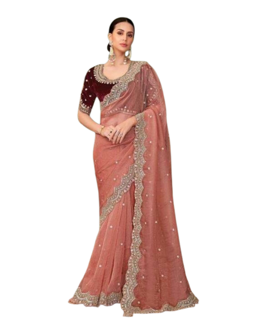 Coral Pink - Fancy Saree with contrast Blouse Piece - UK stock - 24hr Dispatch - TFH206TT