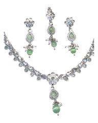 Mint Green - Small Size Silver Finish Necklace Set with Earrings & Head Piece /Tika- SLV78  11Ap24