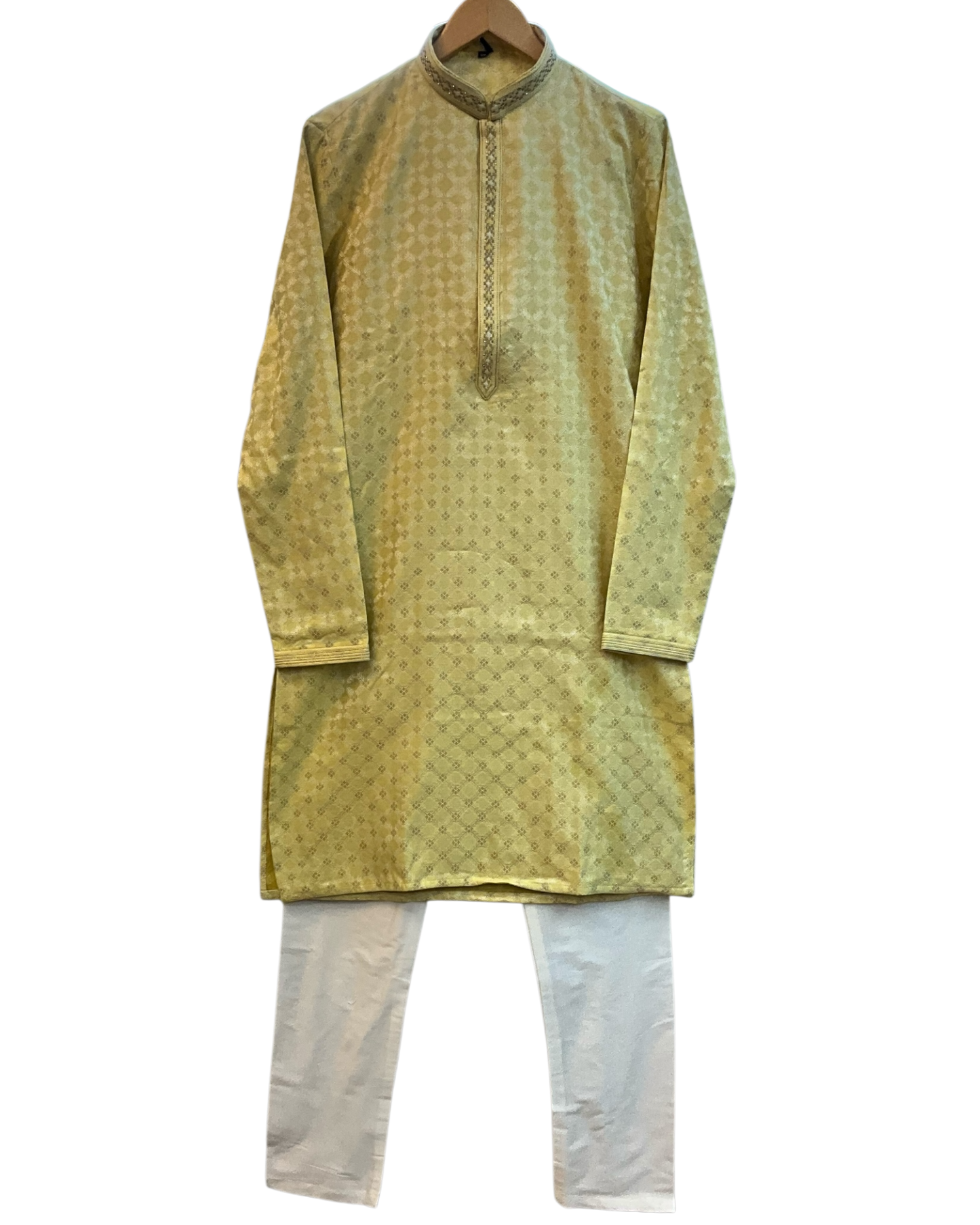 Light Pastel Yellow - Banarasi Handloom Brocade Mens Indian Kurta set with Trousers - UK Stock - Weddings / Walimas , Sangeet, Diwali, Eid, Mehndi / Henna - VEE2613 VR