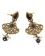 Purple - Small Size Antique Gold Finish Necklace Set with Earrings - Bollywood - AE2518 08A25