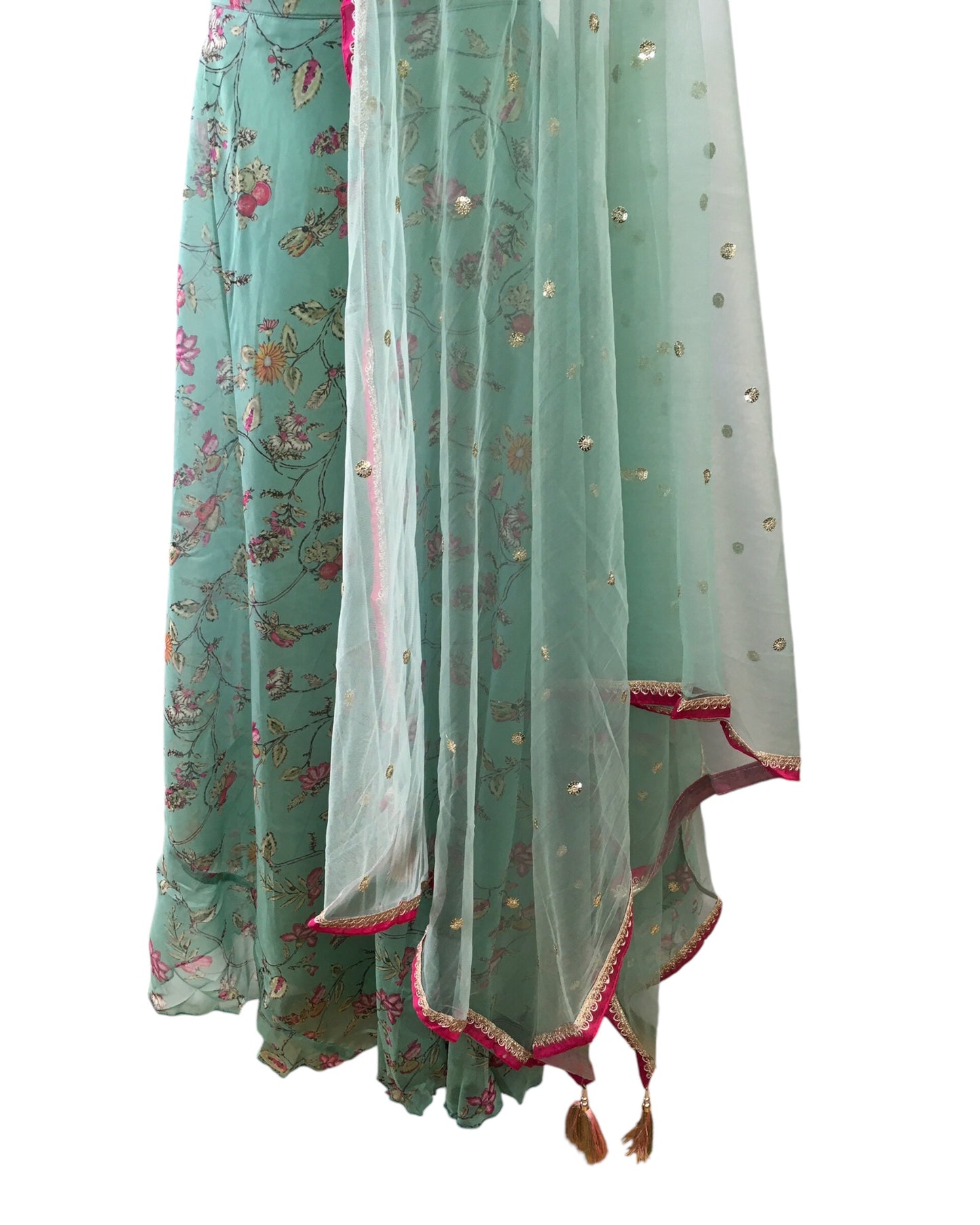Sea Green -Floral Printed Lehenga Set - Size 14 / 40" - Weddings , Sangeet,  Henna, Haldi - 24h Dispatch - KM5413 TV
