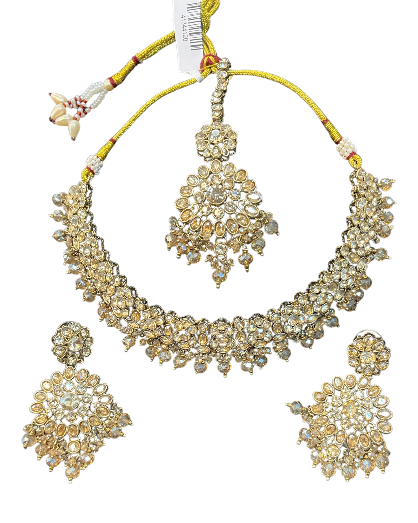 Crystal / Neutral - Large Size Antique Gold Finish Necklace Set with Earrings & Head Piece - JIG111 04Cp26