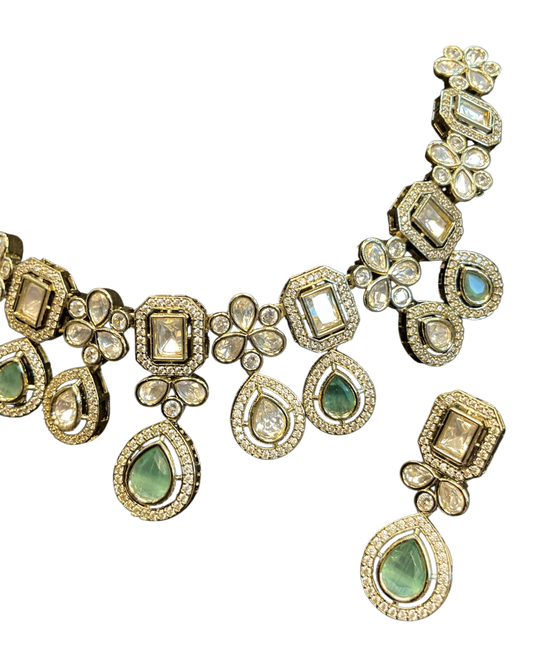 Light Green - Medium Size Antique Gold Finish Choki Necklace Set with Earrings - Bollywood - AVON-KU1320  08KA25