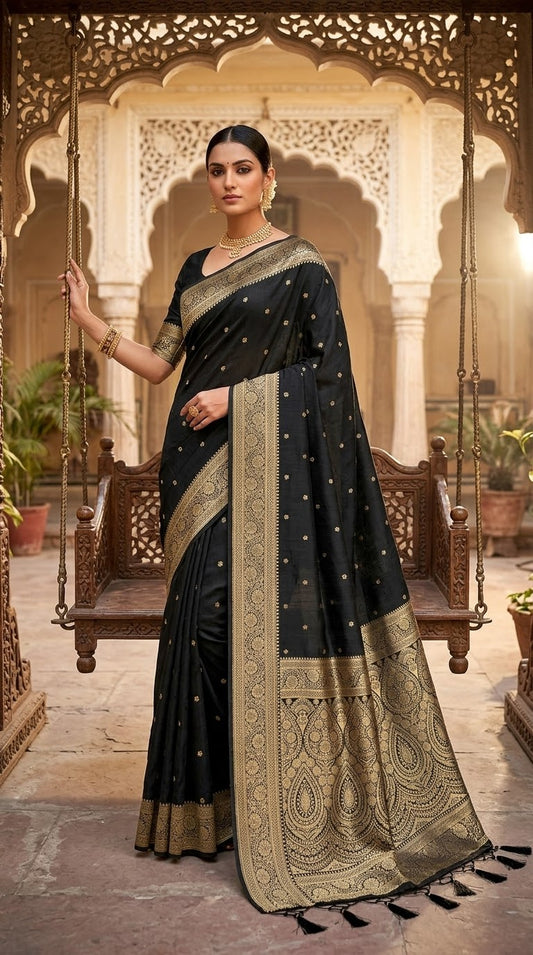 Black - Traditional Handloom Saree with Blouse Piece - UK stock - 24hr Dispatch - SP2630 KP