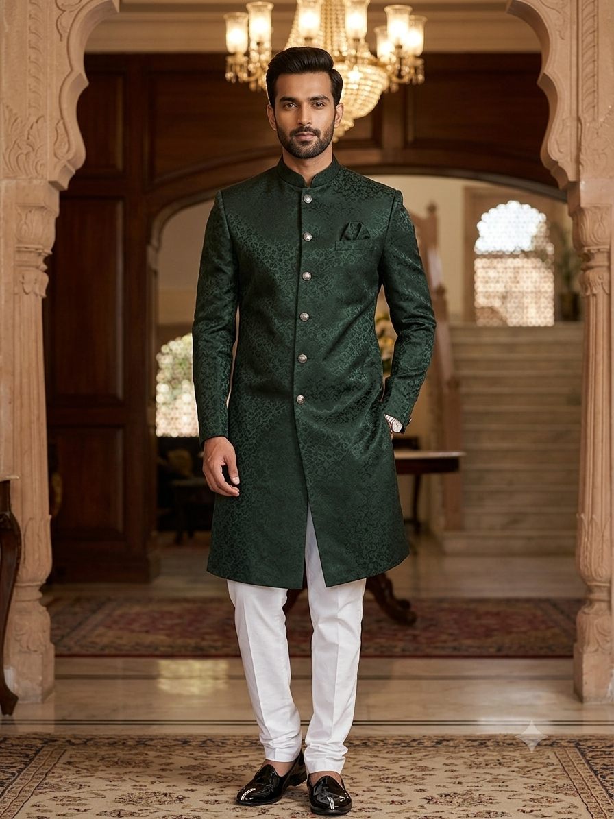 40" - SALE ! Bottle Green - Classic Self Brocade Mens Sherwani with Quality Buttons - Smart Trousers - UK stock - 2/3 Days Delivery - YD2504 PY