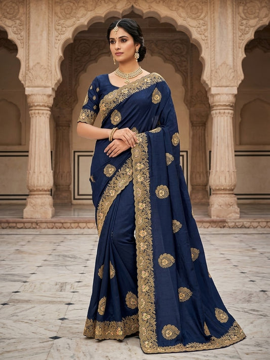 Petrol Blue - Saree with Thread / Stone Work and Blouse Piece - UK stock - 24hr Dispatch - SP2614 VJ