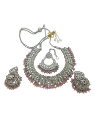 Baby Pink - Large Size Silver Finish Necklace Set with Earrings & Tika (Head Piece) - UK Stock - GGA17 08KK25