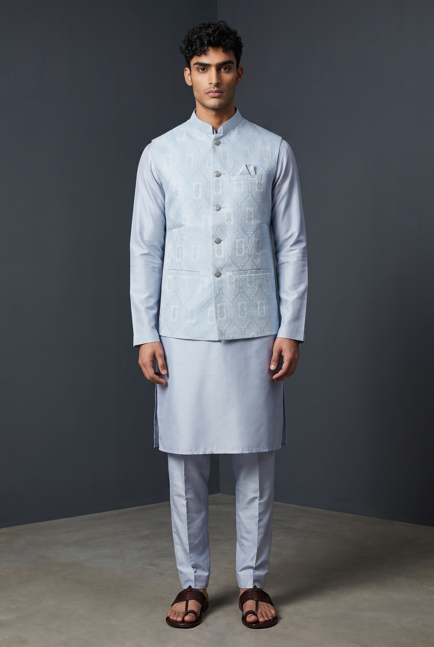 Light Pastel Blue - Mens Kurta Set with Rich Brocade Waistcoat  - UK Stock - Quick Dispatch - SHU2603 05VV26