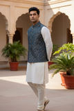Petrol Blue - Premium Banarasi Handloom Brocade - Mens Indian Waistcoat - UK Stock - 24 hr Dispatch - VNS2604 03KP26