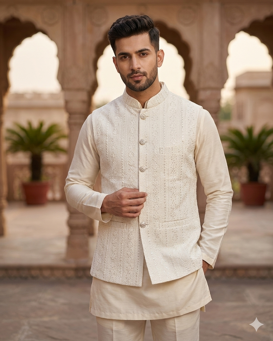 Off White / Cream - All Over Embroidered - Mens Indian Waistcoat - UK Stock - 24 hr Dispatch - KCS4089 06KC26