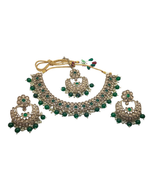 Green - Large Reverse Stone Choker Necklace set - Bollywood - Weddings - MNA922 H 0923