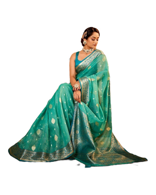 Sea Green - Handloom  - Cotton Silky Banarasi Saree with Blouse Piece - RP84002 10KP25