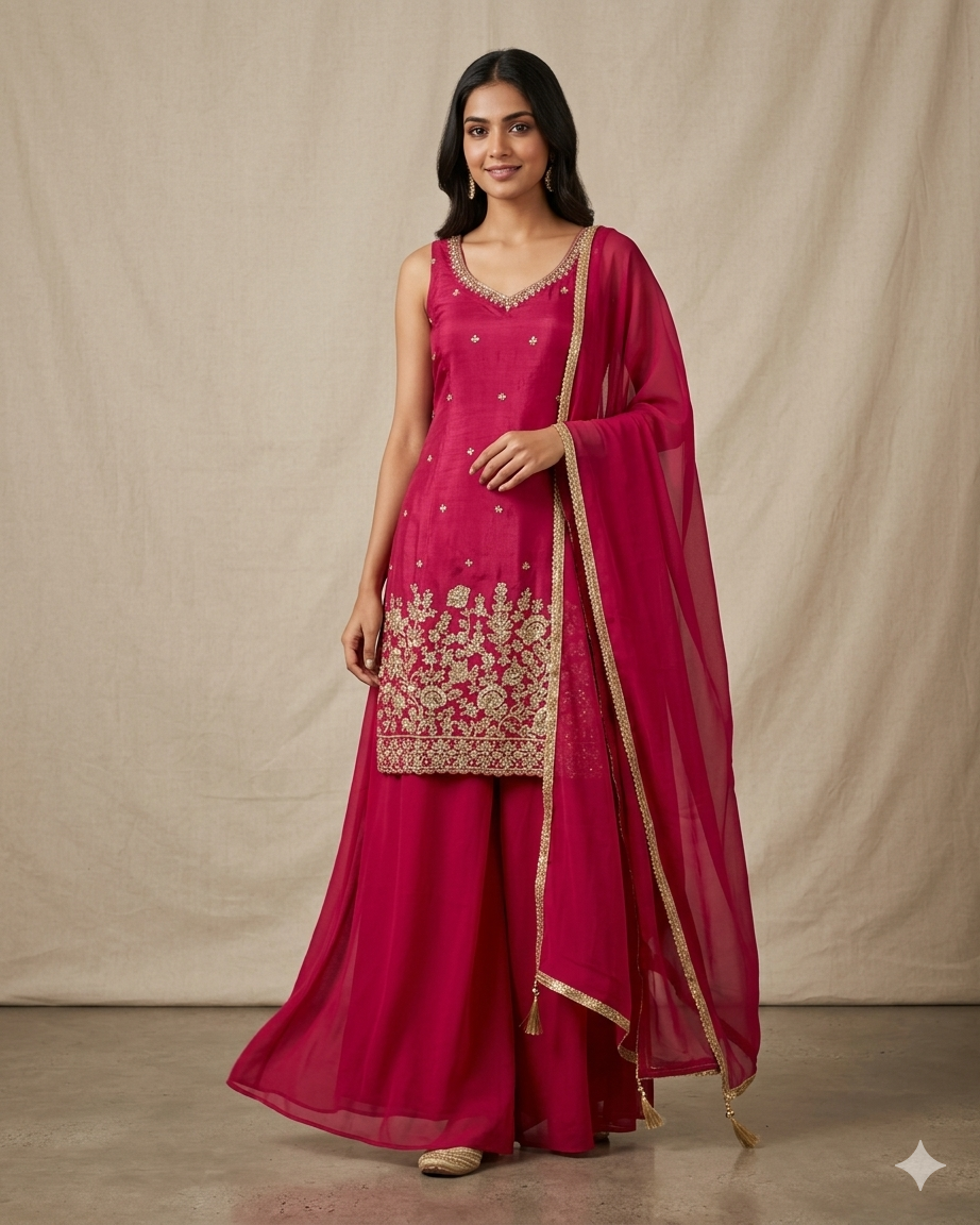 UK 12 / 38" - Fuchsia Pink - Ladies Sharara / Palazzo Trousers Suit - UK Stock - Sangeet / Henna / Weddings - OC76148 TA