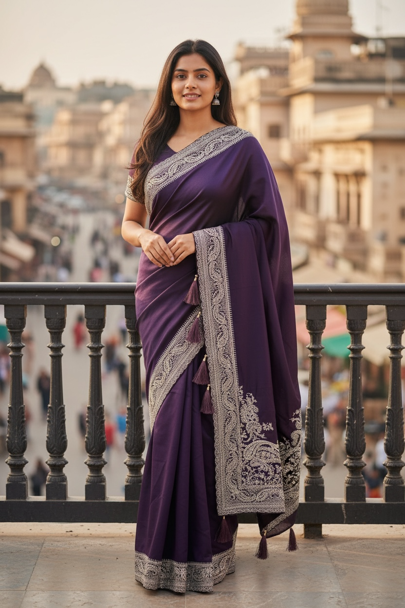 Wine / Purple - Classic Saree with Thread / Stone Work and Blouse Piece - UK stock - 24hr Dispatch - RS2506 VP