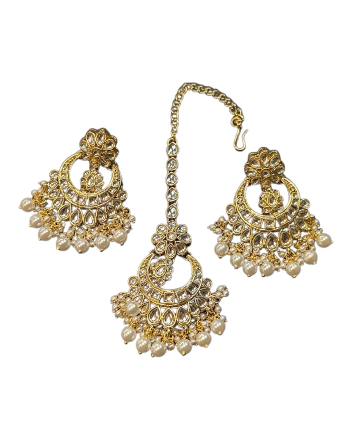 Regal Pearl & Kundan Chandbali Earrings with Matching Maang Tika Set  - Bollywood - Weddings - 6ET48 09J26