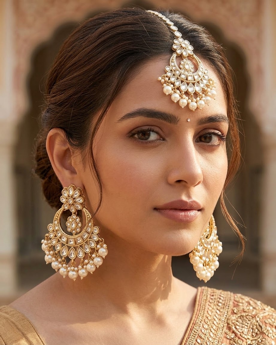 Regal Pearl & Kundan Chandbali Earrings with Matching Maang Tika Set  - Bollywood - Weddings - 6ET48 09J26
