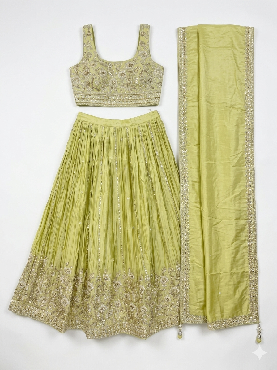 Size UK 10 (36" Bust) Adjustable to Size 12 - Lime Green - Silky Lehenga Set - Mehndi / Sangeet / Bridesmaids / Weddings / Garba  - UK Stock - 24h Dispatch - OC42240 05AP26