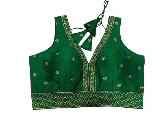 Green - Dupion Silky Saree / Lehenga blouse - 38" Bust (UK 12) Can be let out to size 16  - AF2406 H 0324