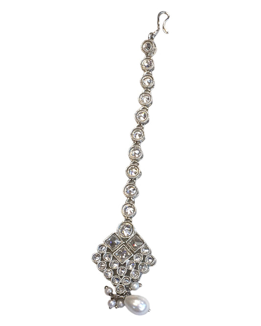 Clear - Silver Finish Medium Size Tika Head Piece - Indian Ladies Fashion Jewellery - AE2441 11Vp24