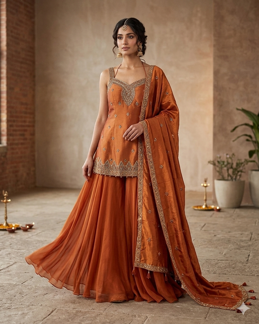 Size 12 (38") - Rust / Burnt Orange - Designer Ladies Medium Length Sleeveless Top Palazzo Trousers Suit - VMK Varuna RA