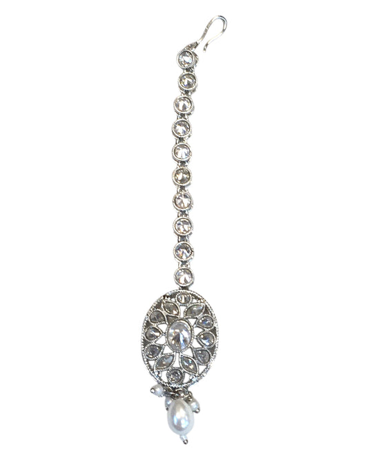 Clear - Silver Finish Medium Size Tika Head Piece - Indian Ladies Fashion Jewellery - AE2442 11Vp24