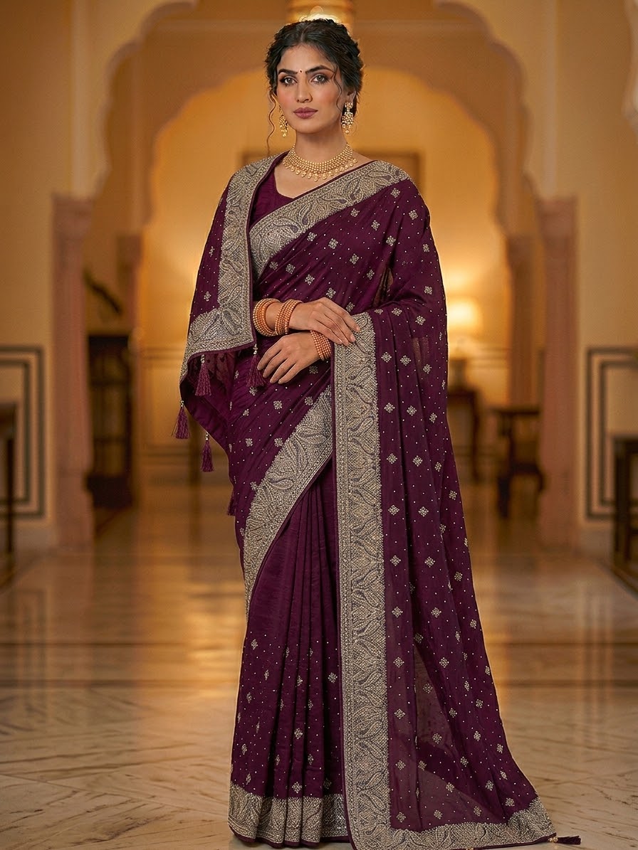 Wine - Fancy Party Saree with Blouse Piece - UK stock - 24hr Dispatch - SP2616 VJ