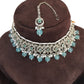 Sea Green - Medium Size Silver Finish Choker Necklace Set with Earrings - RAK149  C 0424