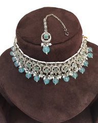 Sea Green - Medium Size Silver Finish Choker Necklace Set with Earrings - RAK149  C 0424