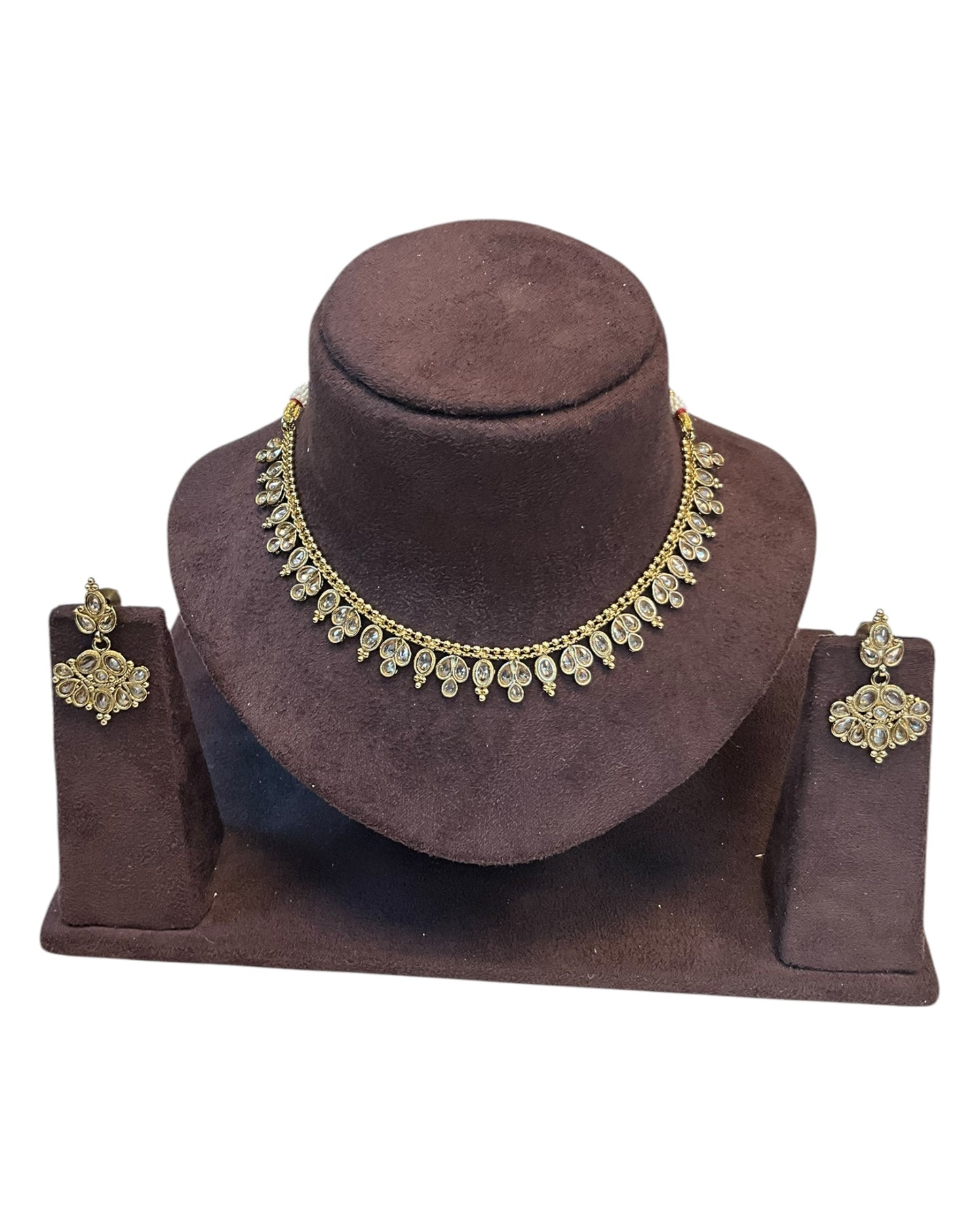 Gold / Neutral / Pearl - Small Size Antique Gold Finish Necklace Set - AE2503 R 0525