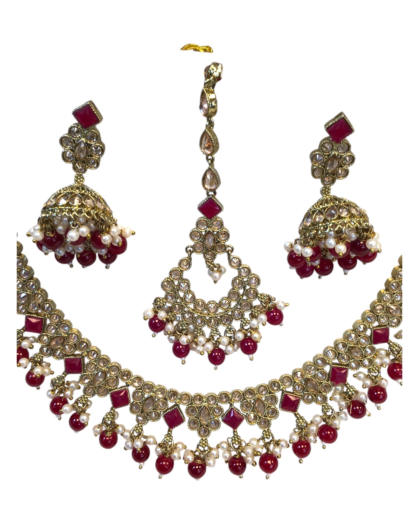 Magenta - Antique Gold Finish Necklace & Earrings Set - Bollywood - Weddings - KAJ1035 11KK24