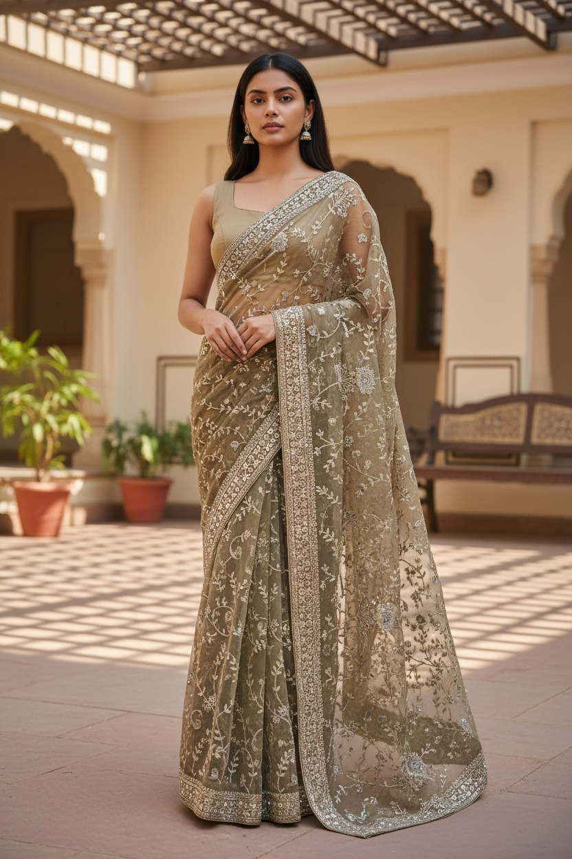 Gold - Rich Bridal Saree with Allover Embroidery and Blouse Piece - UK stock - 24hr Dispatch - RS2517 PK