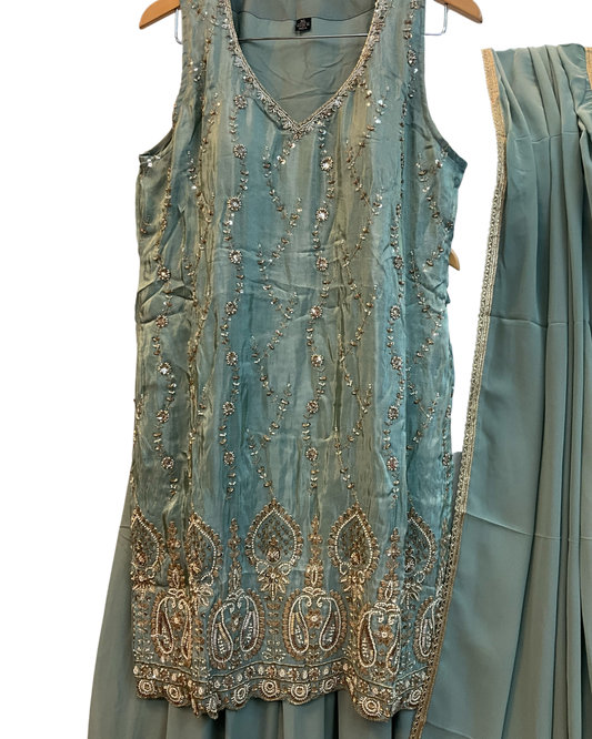 UK 16 / 42" - Sea Green - Crepe Ladies Sharara / Palazzo Trousers Suit - Sangeet / Henna / Temple - OC76137 TA
