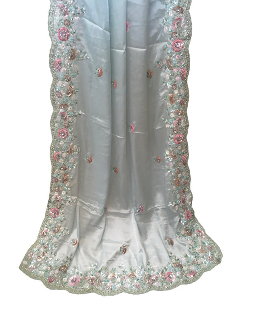 Sky Blue - Pastel Sequins Silky Saree with Blouse Piece - MF3801  JJ 0824