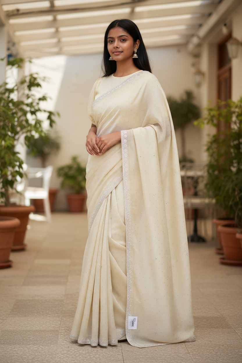 Cream - Fancy Embroidered Saree with Blouse Piece - UK stock - 24hr Dispatch - SP250614 KC