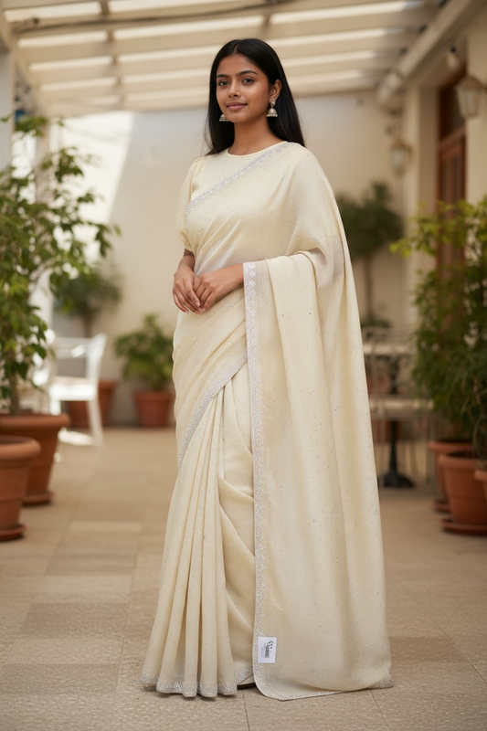 Cream - Fancy Embroidered Saree with Blouse Piece - UK stock - 24hr Dispatch - SP250614 KC