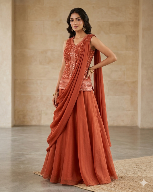 UK 10 / 36" - Rust / Orange - Ladies Sharara / Palazzo Trousers Suit - UK Stock - Sangeet / Henna / Weddings - HEL6520 PY