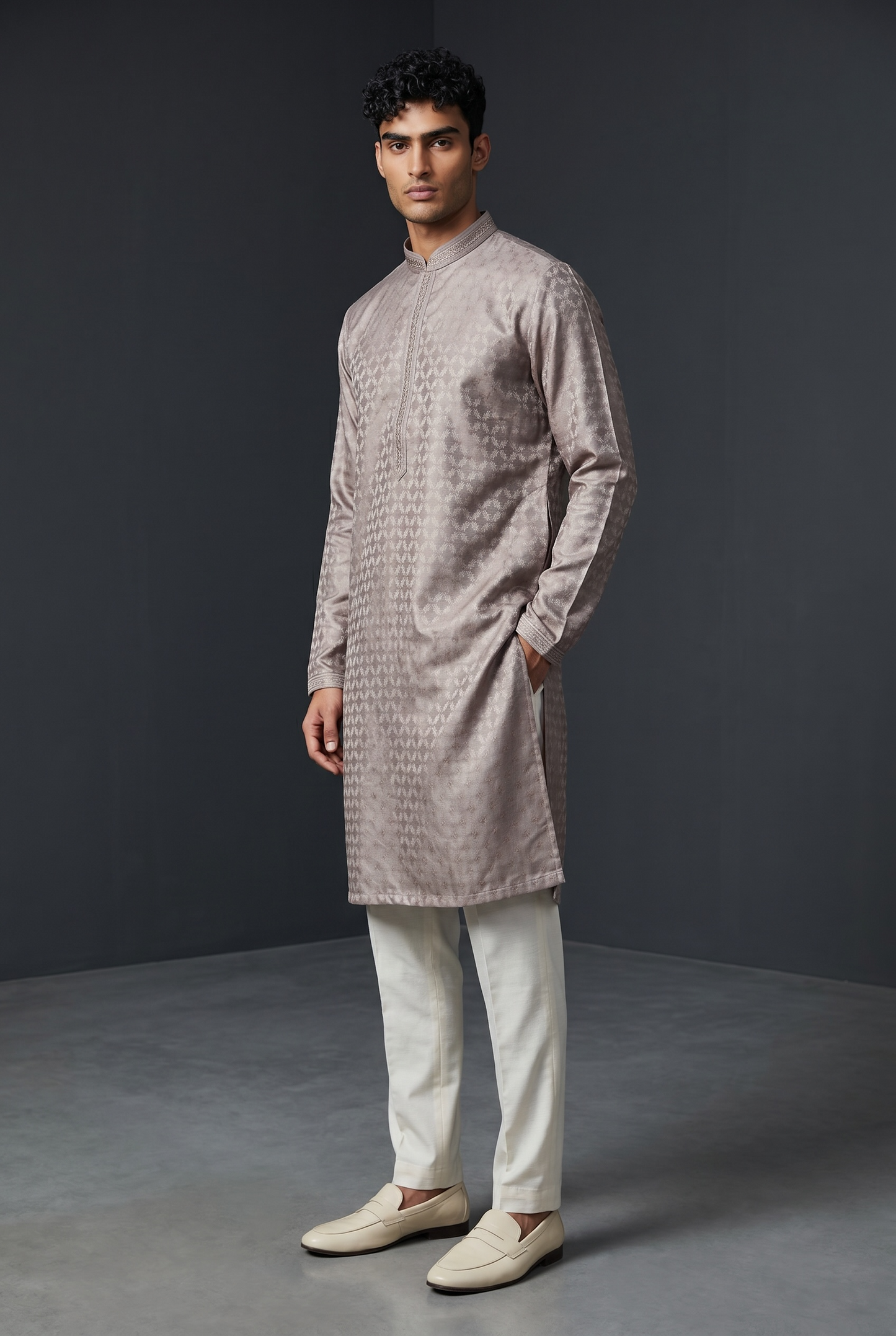 Pastel Mauve - Banarasi Handloom Brocade Mens Indian Kurta set with Trousers - UK Stock - Weddings / Walimas , Sangeet, Diwali, Eid, Mehndi / Henna - VEE2613 VR