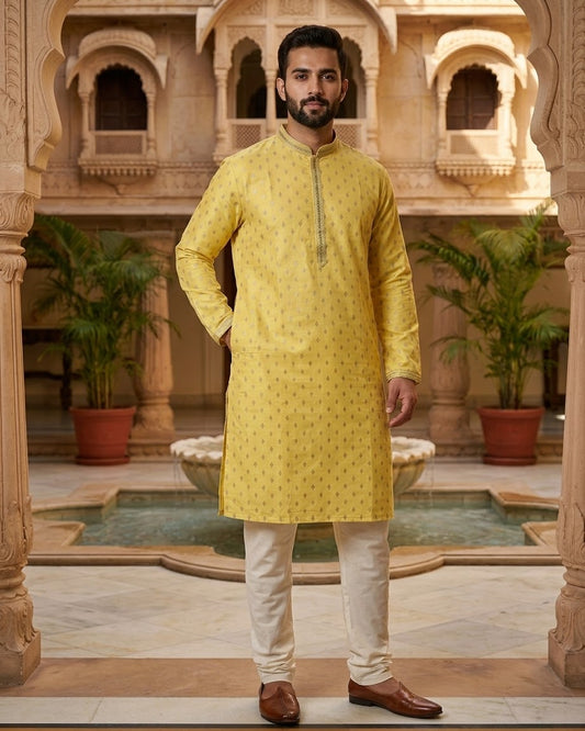 Pastel Yellow - Banarasi Handloom Brocade Mens Indian Kurta set with Trousers - UK Stock - Weddings / Walimas , Sangeet, Diwali, Eid, Mehndi / Henna - VEE3024 VV