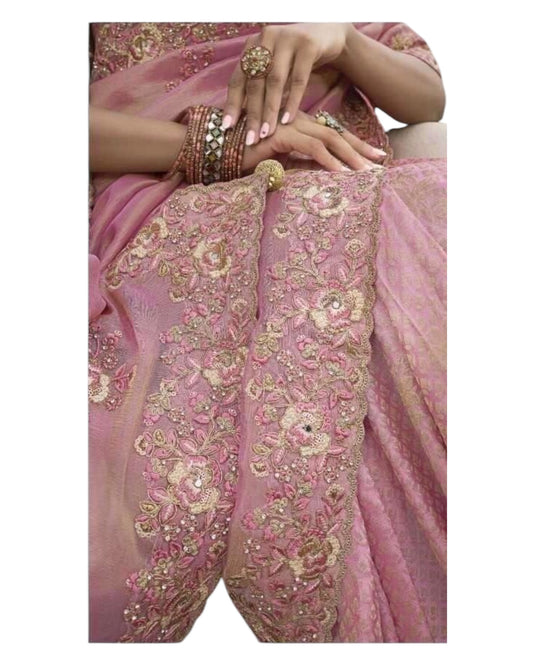 Dusty Pink- Handloom  - Designer Embroidered Saree with Blouse Piece - SULBRI4008 PY 0425