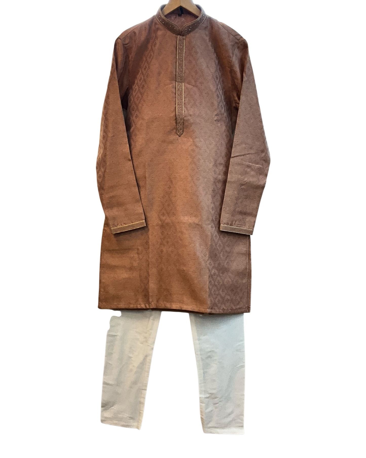 Rose Gold / Copper - Banarasi Handloom Brocade Mens Indian Kurta set with Trousers - UK Stock - Weddings / Walimas , Sangeet, Diwali, Eid, Mehndi / Henna - VEE2509 VR