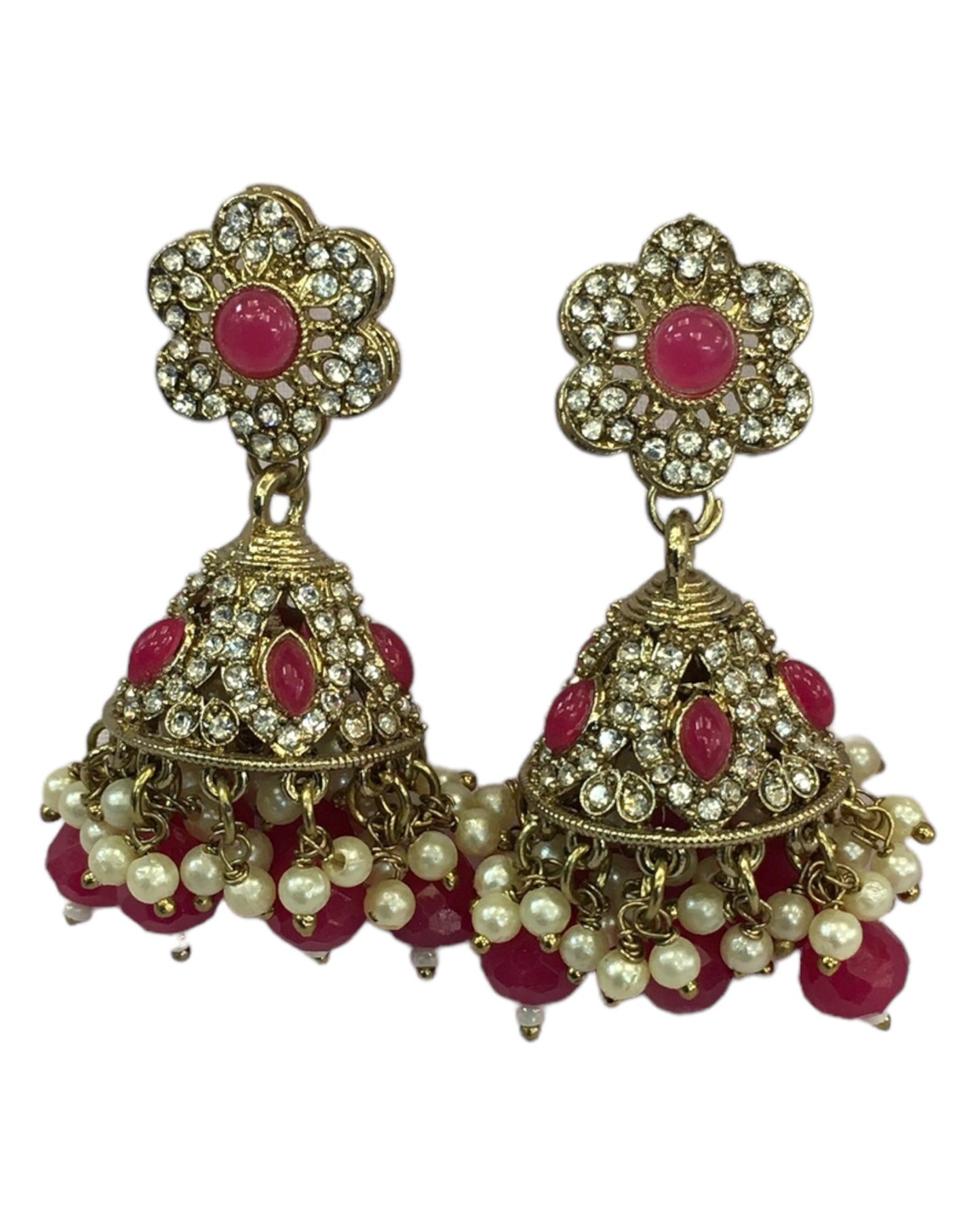 Fuchsia - Medium - Antique Finish Traditional Zhumki Earrings - Bollywood - Weddings - CH535 V 0724