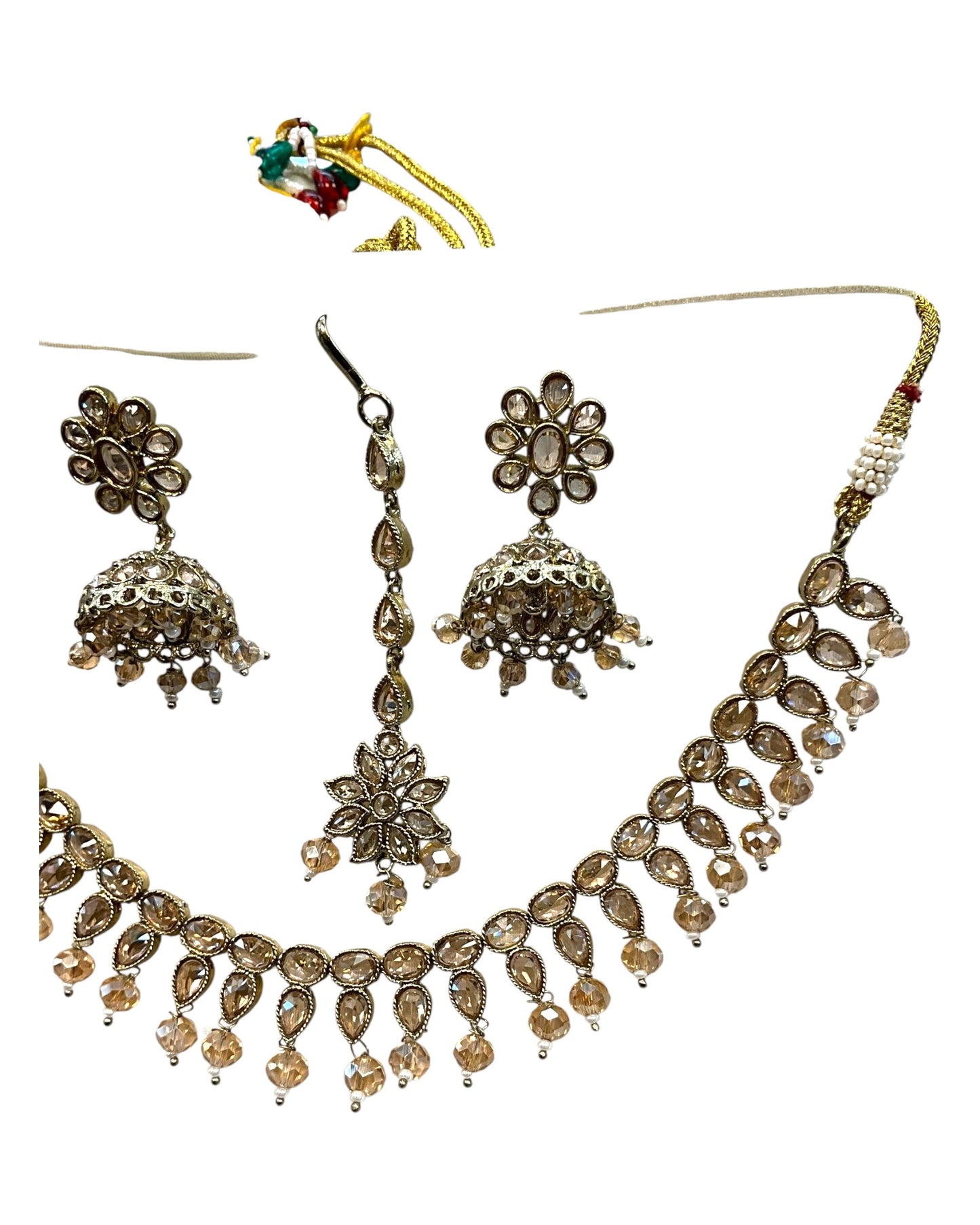 Crystal / Champagne - Medium Size Antique Gold Finish Necklace Set with Earrings & Head Piece - KAJ1054 08A25