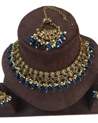 Navy Blue - Large Size Antique Gold Finish Necklace Set with Earrings - VJY403  C 0424