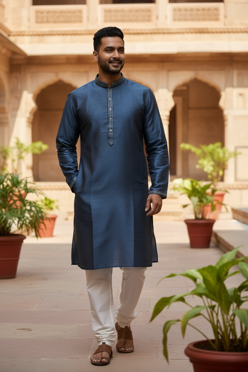 Navy Blue - Banarasi Handloom Brocade Mens Indian Kurta set - UK Stock - Weddings / Walimas , Sangeet, Diwali, Eid, Mehndi / Henna - VEE2429 VP