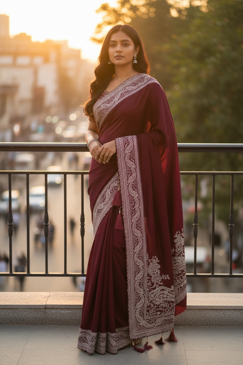 Dark Magenta - Classic Saree with Thread / Stone Work and Blouse Piece - UK stock - 24hr Dispatch - RS2506 VP