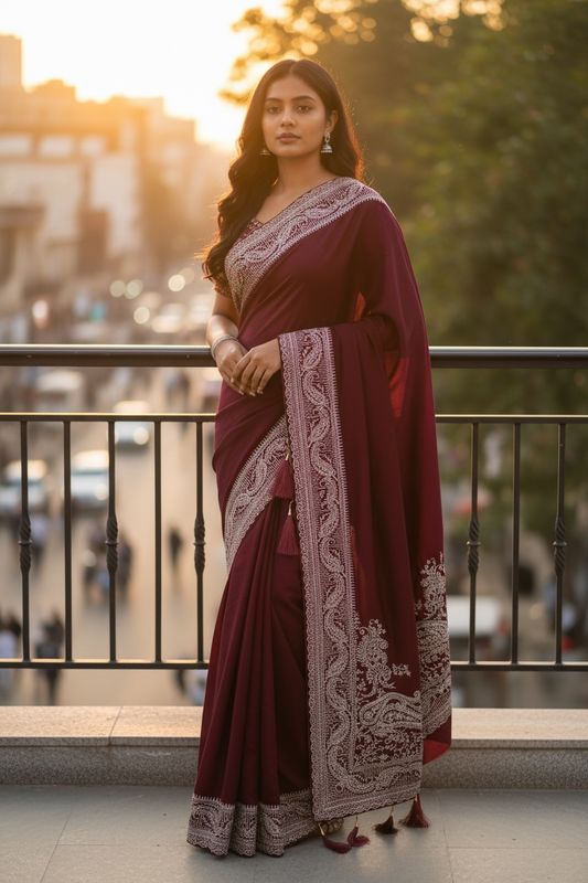 Dark Magenta - Classic Saree with Thread / Stone Work and Blouse Piece - UK stock - 24hr Dispatch - RS2506 VP