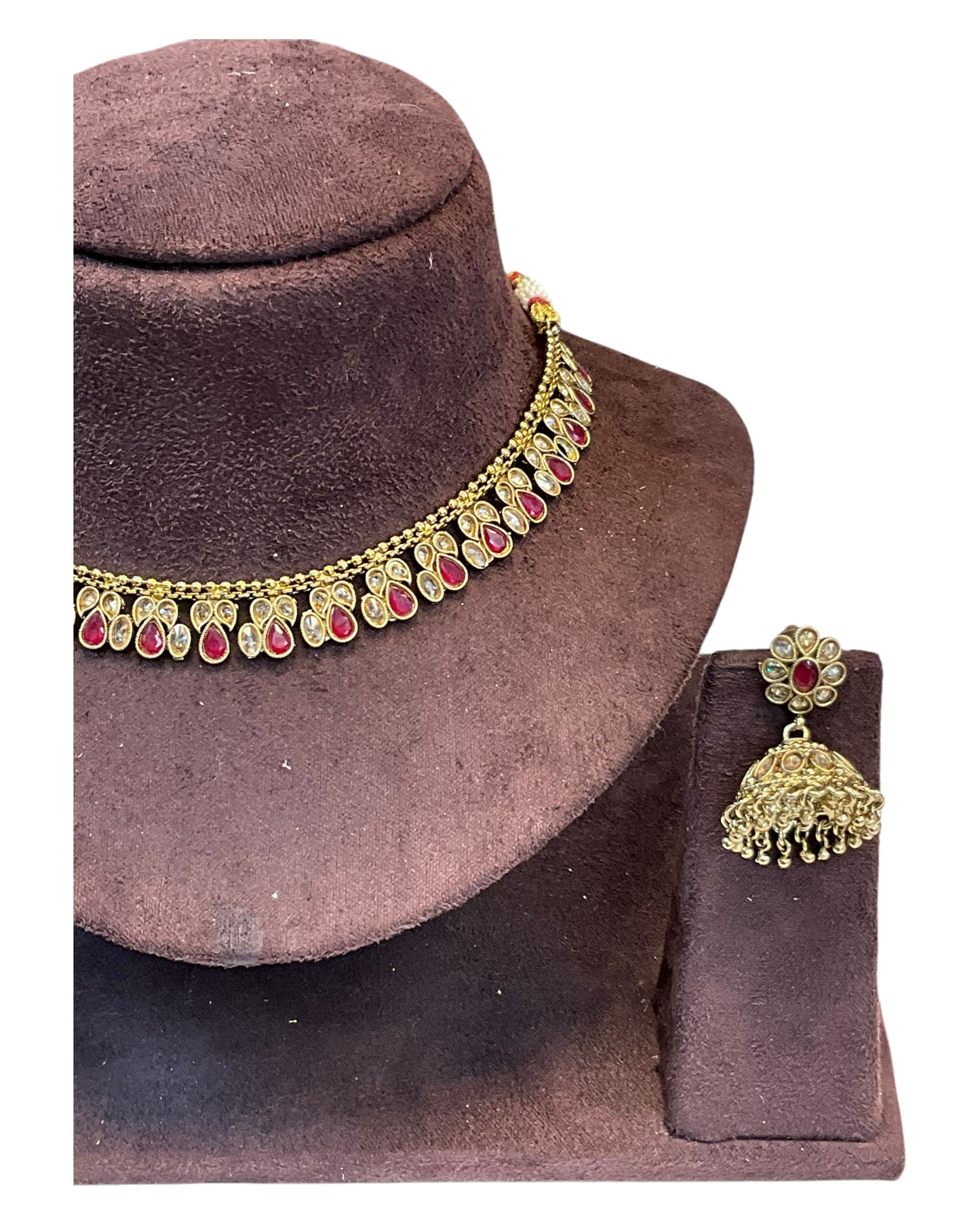 Magenta - Medium Size Antique Gold Finish Necklace Set - AE2508 H 0525