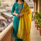 UK10 / 36" - Turquoise Blue with Yellow Dupatta - Cotton Silk Ladies Trousers Suit - Sangeet / Henna / Temple - KCS250176 KC