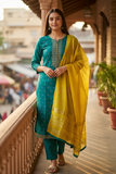 UK10 / 36" - Turquoise Blue with Yellow Dupatta - Cotton Silk Ladies Trousers Suit - Sangeet / Henna / Temple - KCS250176 KC